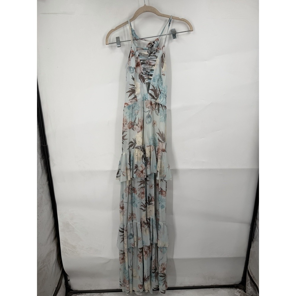 MC Company Floral Ruffle Tiered Maxi Dress Women M Blue Fairy Whimsical Preppy